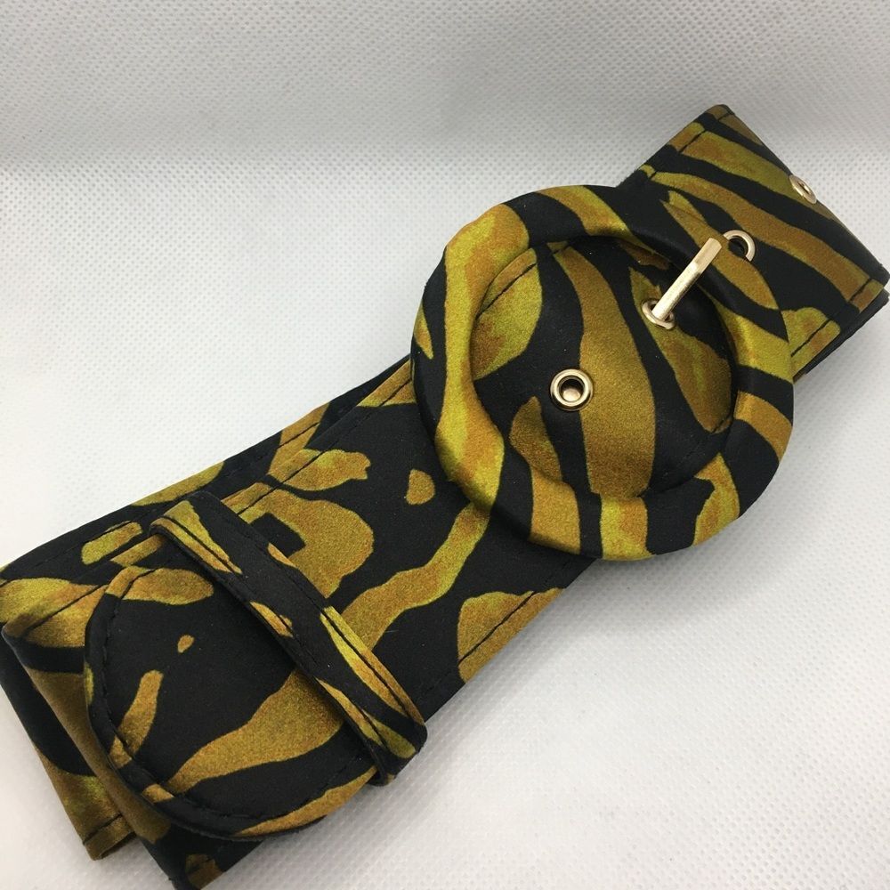 Nicholas SMALL Animal Cheetah Cougar Tiger Print Belt Wide Fabric covered Buckle